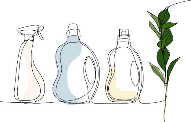 Vector dibujo continuo de una línea de botellas para detergente líquido para ropa, lejía, suavizante de telas, lavavajillas