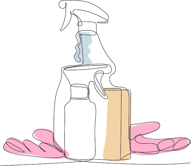 Vector dibujo continuo de una línea de botellas para detergente líquido para ropa, lejía, suavizante de telas, lavavajillas