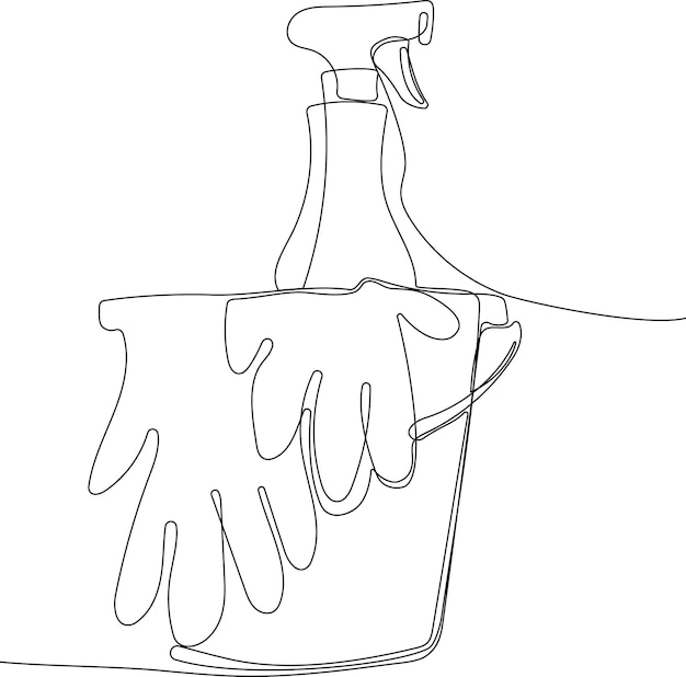 Dibujo continuo de una línea de botellas para detergente líquido para ropa, lejía, suavizante de telas, lavavajillas