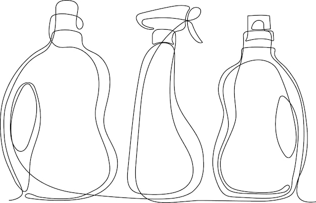 Dibujo continuo de una línea de botellas para detergente líquido para ropa, lejía, suavizante de telas, lavavajillas