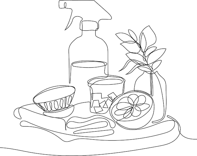 Dibujo continuo de una línea de botellas para detergente líquido para ropa, lejía, suavizante de telas