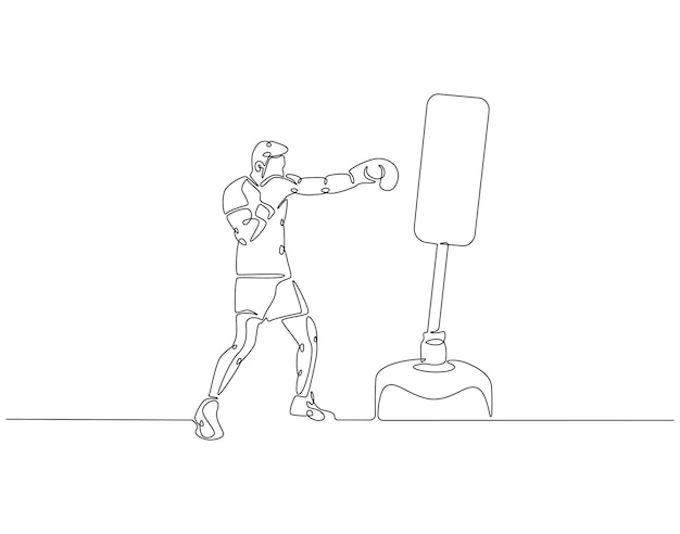 Un dibujo continuo de una línea de un boxeador golpeando una bolsa de boxeo Un dibujo de una línea ilustra el boxeador bateando una bolsa pesada El concepto de entrenamiento en el gimnasio de boxeo es un dibujo de línea editable