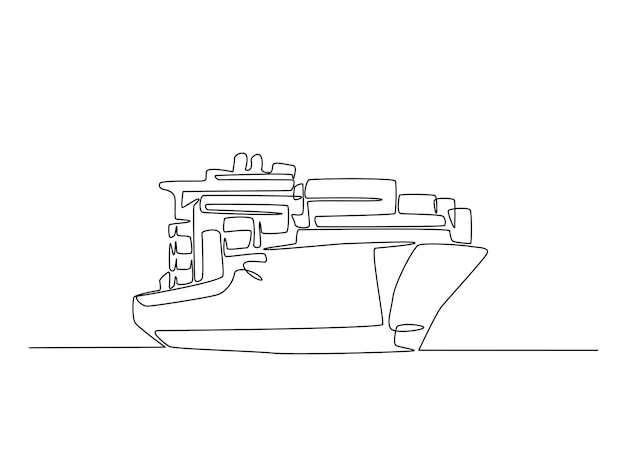 Dibujo continuo de una línea de un buque de carga de contenedores que navega en el mar