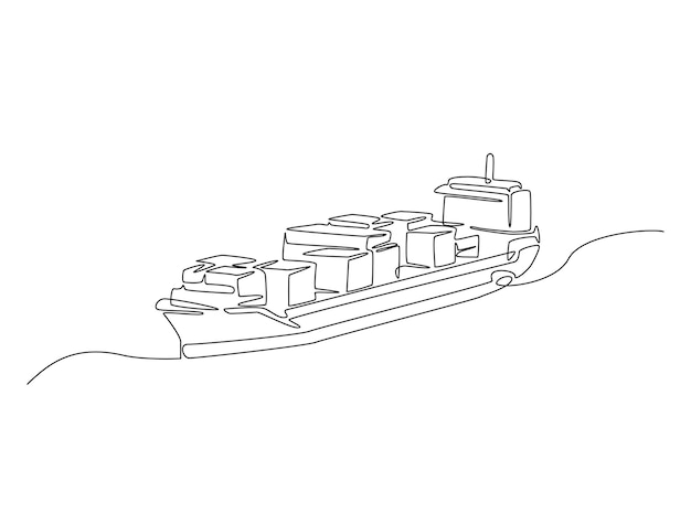 Dibujo continuo de una línea de un buque de carga de contenedores que navega en el mar