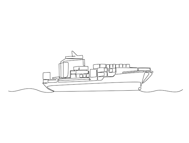 Dibujo continuo de una línea de un buque de carga de contenedores que navega en el mar