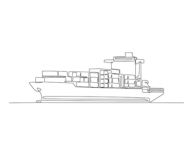 Dibujo continuo de una línea de un buque de carga de contenedores que navega en el mar