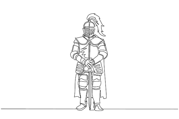 Dibujo continuo de una línea de caballero medieval con capa de armadura y casco con pluma Figura de caballería