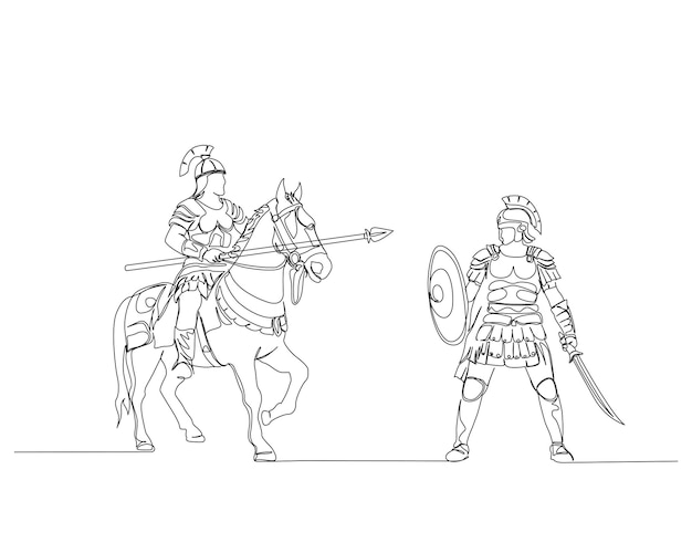 Dibujo continuo de una línea de un caballero romano montando un caballo con una lanza