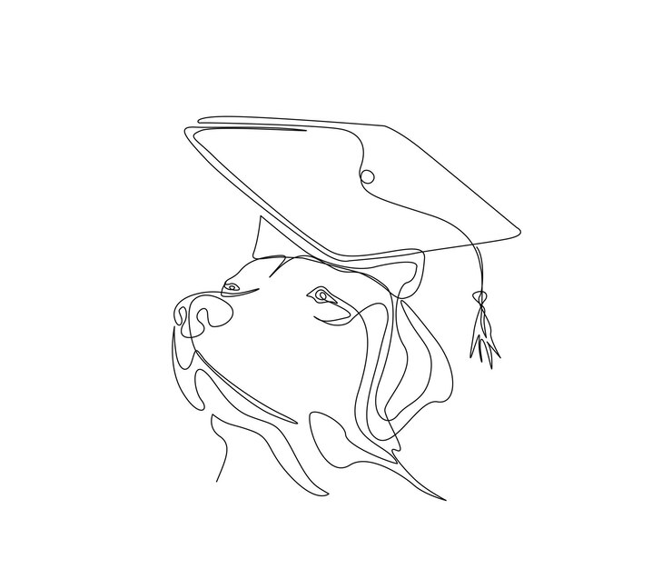 Vector dibujo continuo de una línea de cabeza de perro con gorra de graduación