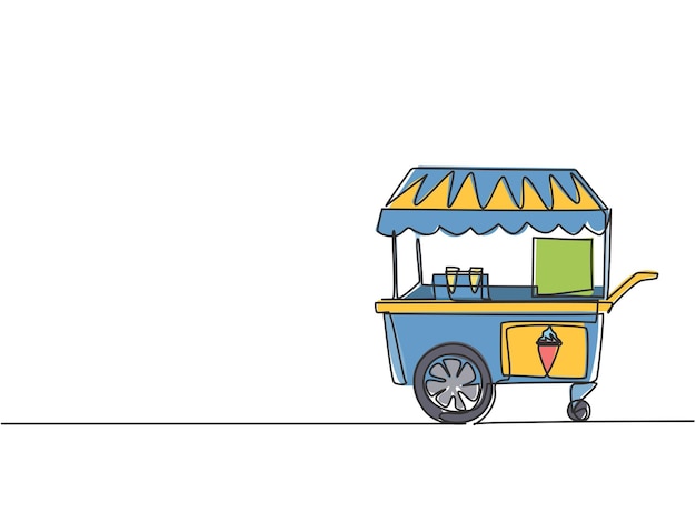 Dibujo continuo de una línea de una cabina de helado en un parque de atracciones usando un carro de dos ruedas