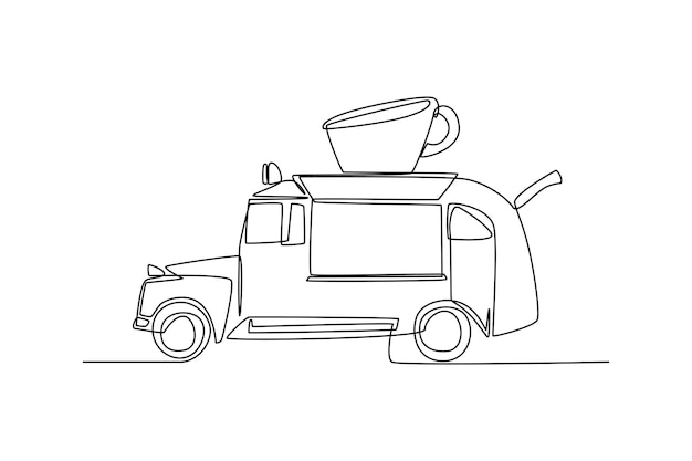 Dibujo continuo de una línea cafetería del vehículo del camión de alimentos en el camión furgonetas para la venta de comida callejera concepto de automóvil ilustración gráfica vectorial de diseño de dibujo de una sola línea