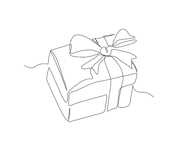 Dibujo continuo de una línea de caja de regalo o caja de regalo Presenta caja de cartón con diseño de vector de arte de línea única de cinta Cumpleaños festivo año nuevo y concepto de acción de gracias