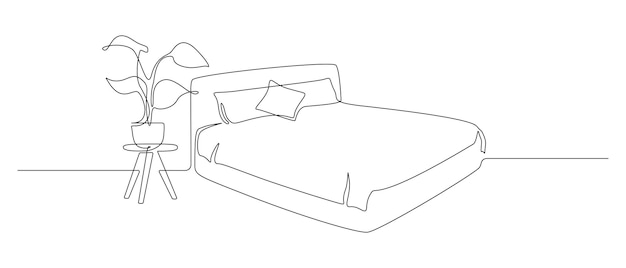 Dibujo continuo de una línea de cama doble con almohadas y manta y planta de la casa Mobiliario moderno para dormitorio elegante en estilo lineal simple Trazo editable Doodle vector ilustración