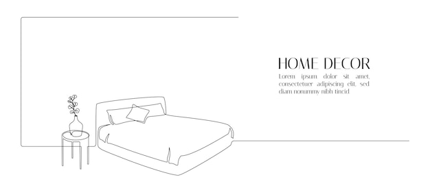 Dibujo continuo de una línea de cama doble con almohadas y mesa con jarrón y planta banner web con muebles modernos para dormitorio en estilo lineal simple trazo editable doodle vector ilustración