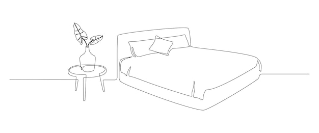 Dibujo continuo de una línea de cama doble con almohadas y mesa con jarrón y planta Muebles de loft modernos para dormitorio elegante en estilo lineal simple Trazo editable Doodle vector ilustración