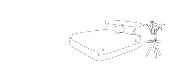 Dibujo continuo de una línea de cama doble con almohadas y planta de la casa mobiliario moderno para dormitorio elegante en estilo lineal simple trazo editable doodle vector ilustración