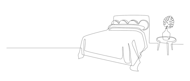 Dibujo continuo de una línea de cama doble y mesa con jarrón y monstera Interior escandinavo moderno y suave para dormitorio acogedor en estilo lineal simple Trazo editable Doodle vector ilustración