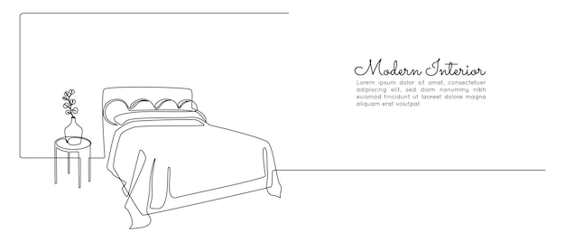 Dibujo continuo de una línea de cama doble y mesa con jarrón y planta Escandinavo moderno y suave para dormitorio acogedor en estilo lineal simple Trazo editable Ilustración de vector de Doodle