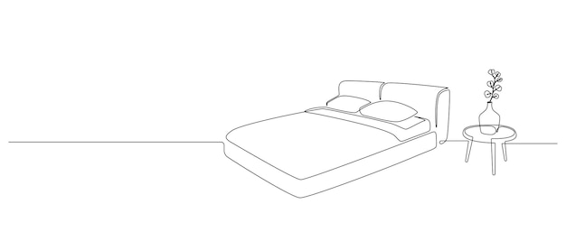 Dibujo continuo de una línea de cama doble y mesa con jarrón y planta Muebles para el hogar con estilo escandinavo para dormitorio de sueño en estilo lineal simple Trazo editable Doodle vector ilustración