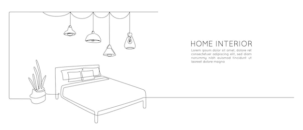 Dibujo continuo de una línea de cama doble y mesa con planta de flor en maceta y lámparas de loft colgantes Muebles de hogar escandinavos para dormitorio de dormir en estilo lineal simple Ilustración vectorial