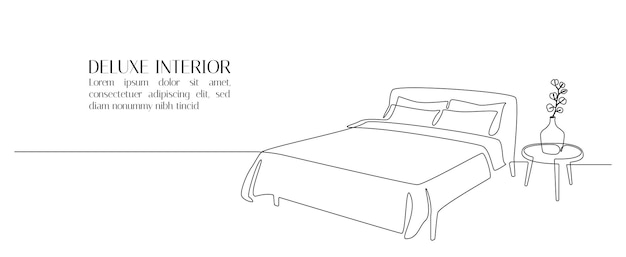 Dibujo continuo de una línea de cama doble y mesa con planta en maceta Muebles de estilo escandinavo para un dormitorio acogedor en estilo lineal simple Trazo editable Doodle vector ilustración