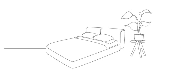 Dibujo continuo de una línea de cama doble y mesa con planta en maceta Muebles de estilo escandinavo para dormitorio de sueño en estilo lineal simple Trazo editable Doodle vector ilustración