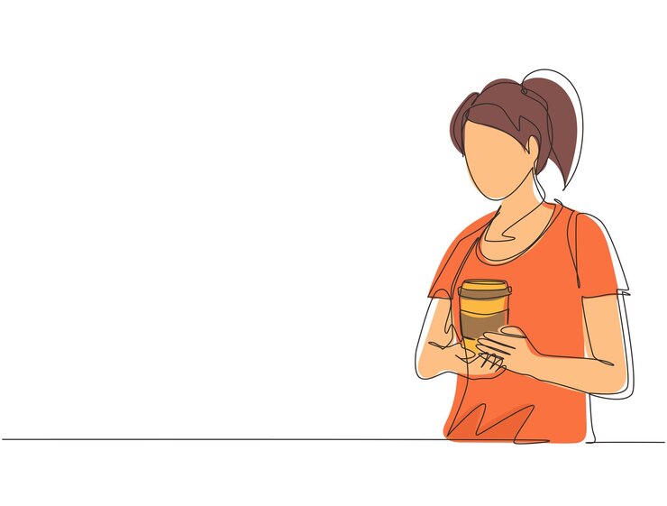 Vector dibujo continuo de una línea de camarera sosteniendo y sirviendo taza de papel de café caliente en el vector de cafetería