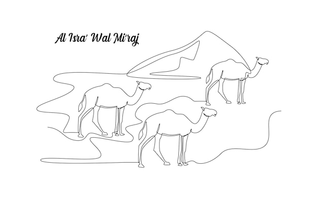 Dibujo continuo de una línea Camellos en el desierto arenoso Isra Miraj Concepto de eventos islámicos Diseño de dibujo de una sola línea Ilustración gráfica vectorial