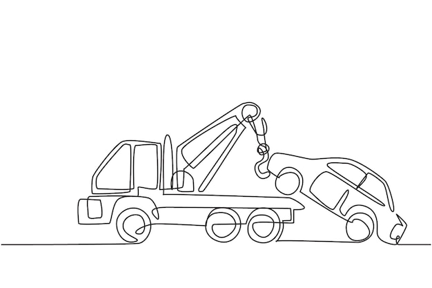 Dibujo continuo de una línea de un camión de remolque levantando el coche roto utilizando el vector de diseño de la grúa