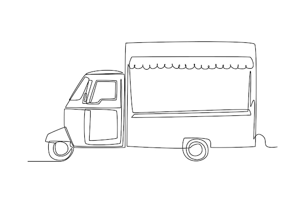 Dibujo continuo de una línea camiones de comida restaurante sobre ruedas furgonetas para la venta de comida callejera concepto de automóvil diseño de dibujo de una sola línea ilustración gráfica vectorial