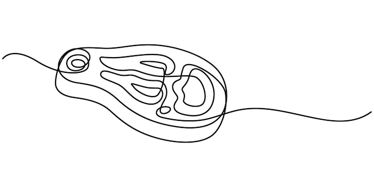 Vector dibujo continuo de una línea de carne de ternera, carne de cerdo, carne de res, carne de terneros, parrilla bbq en silueta en