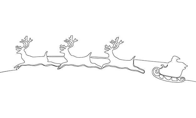 Dibujo continuo de una línea Carro de Papá Noel Papá Noel y ciervos vuelan vector dibujado a mano