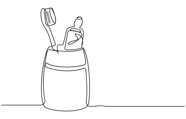 Vector dibujo continuo de una línea del cepillo de dientes y la pasta de dientes