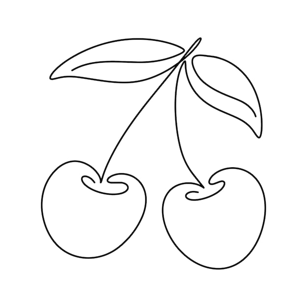 Dibujo continuo de una línea de cerezas minimalista de contorno negro Ilustración vectorial de frutas aislada sobre fondo blanco