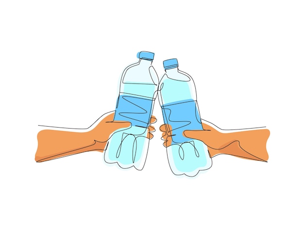 Dibujo continuo de una línea Cheers Una pareja sana animando con el vector de la botella de agua dulce.