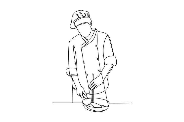 Vector dibujo continuo de una línea de un chef agitando la comida concepto de alimentos orgánicos saludables dibujo de una línea gráfica ilustración vectorial de diseño