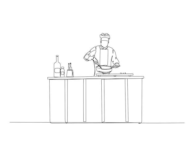 Dibujo continuo de una línea del chef cocinando en la cocina