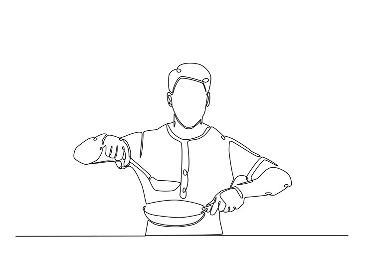 Vector dibujo continuo de una línea de chef cocinando con sartén