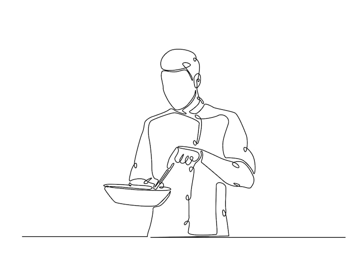 Vector dibujo continuo de una línea de chef cocinando con sartén