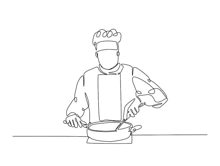 Vector dibujo continuo de una línea de chef cocinando con sartén