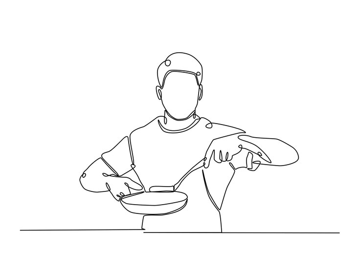 Vector dibujo continuo de una línea de chef cocinando con sartén