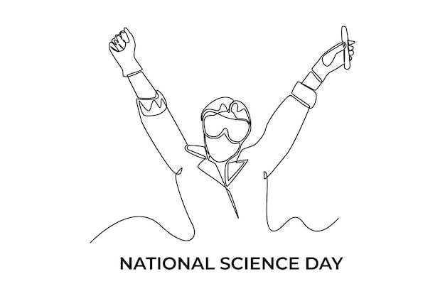 Dibujo continuo de una línea chica científica feliz con tubo en la mano Concepto del día de la ciencia Ilustración gráfica vectorial de diseño de dibujo de una sola línea