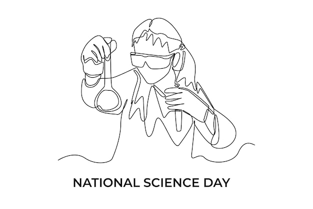 Dibujo continuo de una línea chica científica mirando reacción en tubo Concepto del día de la ciencia Ilustración gráfica vectorial de diseño de dibujo de una sola línea