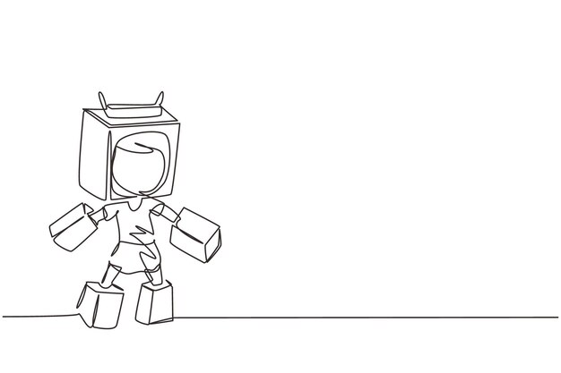 Dibujo continuo de una línea chica linda juega cartón traje de robot de batalla cosplay mujer niño entretenimiento disfraz robótico niños creativos imaginan idea inventiva fantasía diseño de dibujo de línea única