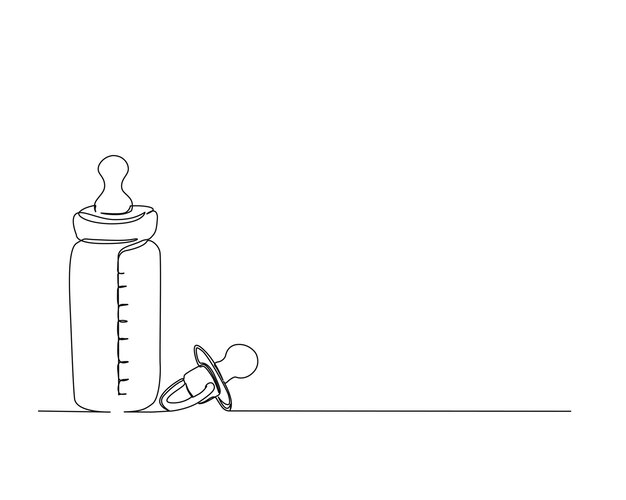 Dibujo continuo de una línea del chupete y del biberón para bebés