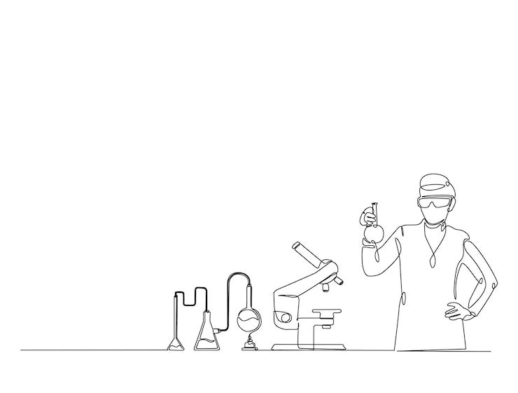 Vector dibujo continuo de una línea de un científico que sostiene el flash en laboratorios con microscopio y equipamiento de laboratorio