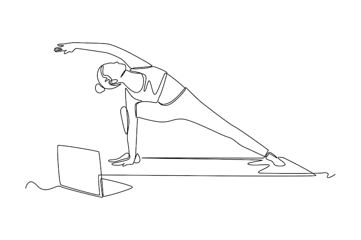 Vector dibujo continuo de una línea clase de yoga en línea concepto de clase en acción ilustración gráfica vectorial de diseño de dibujo de una sola línea