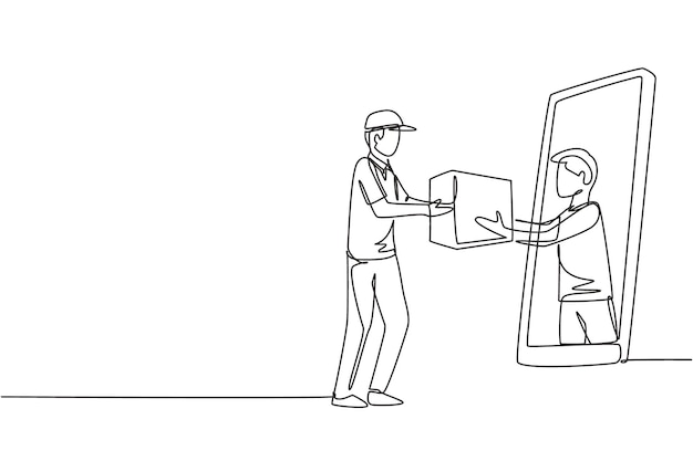Dibujo continuo de una línea El cliente masculino recibe una ilustración gráfica vectorial del diseño del paquete en caja
