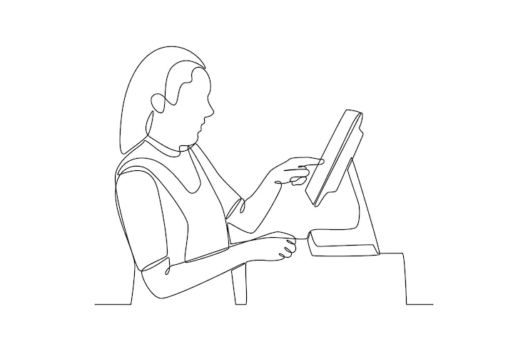 Vector dibujo continuo de una línea clientes que pagan en la caja y en los mostradores de caja concepto de vector doodle
