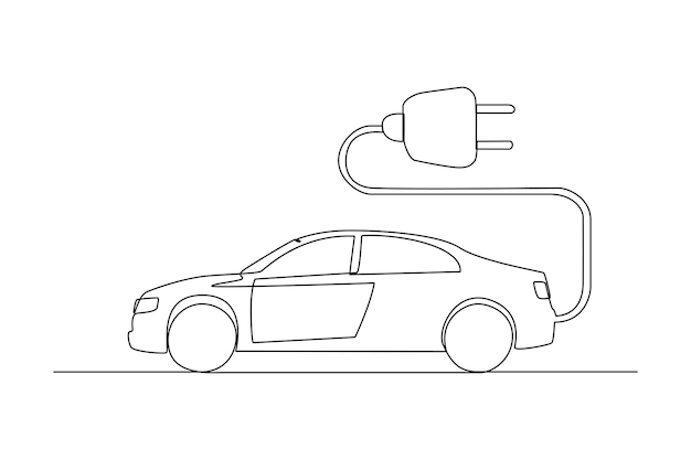 Dibujo continuo de una línea Coche eléctrico con enchufe Concepto de coche eléctrico Ilustración gráfica vectorial de diseño de dibujo de una sola línea